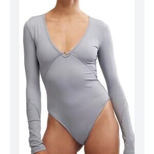 Intimately Free People New Victoria Ribbed Thong Body Suit Long Sleeve Plunge